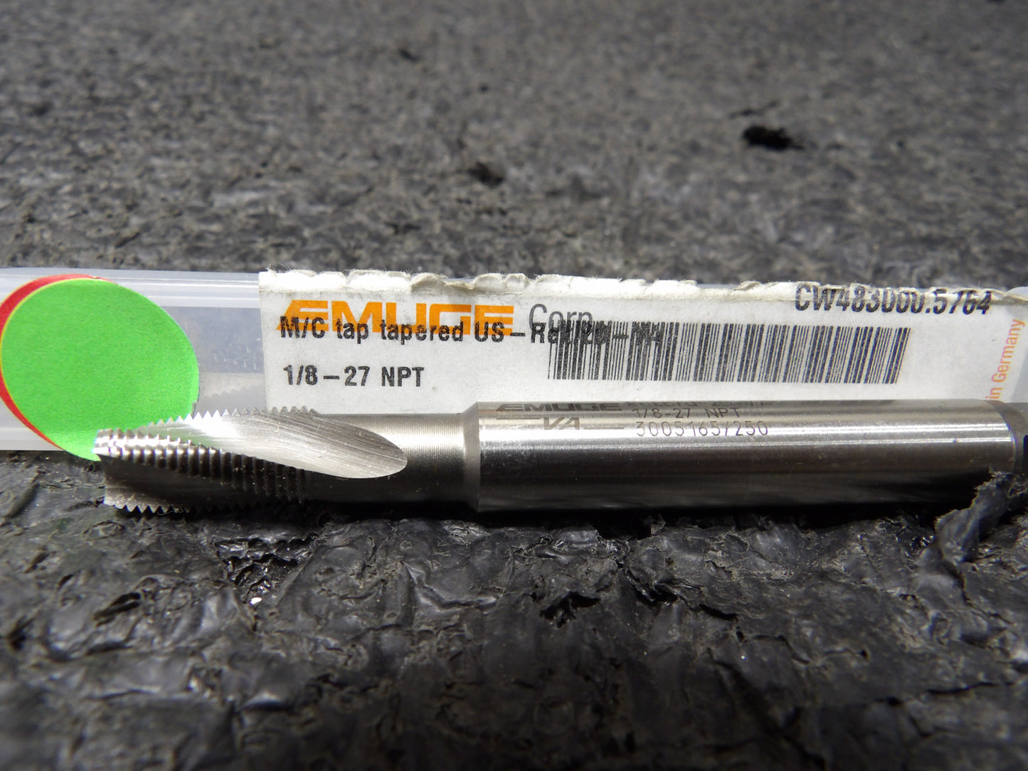 EMUGE 1/8-27 NPT, 15° Helix, 3 Flutes, Modified Bottoming Chamfer, Bright Finish, Cobalt, Spiral Flute Pipe Tap (CR00787-WTA18)