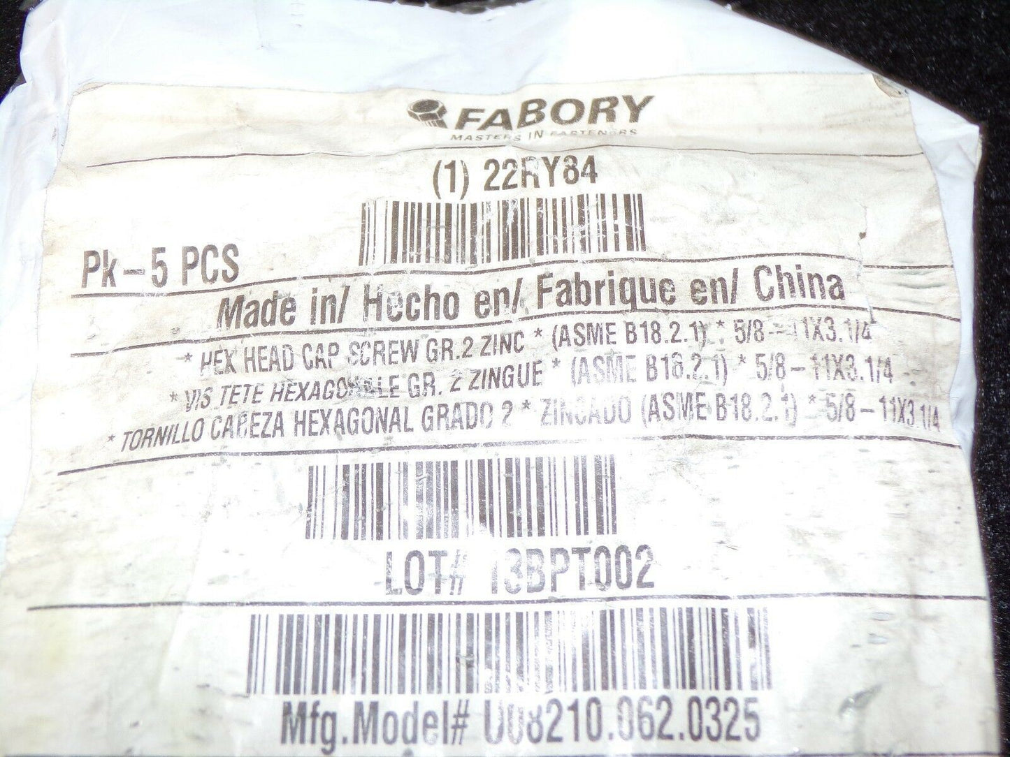 5/8"-11 x 3-1/4" Hex Head Cap Screw Grade 2 Zinc Plated 22RY84 QTY-5 (183347056000-2F19 (G))