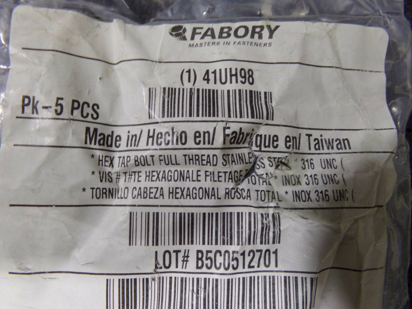 1/2"-13 x 3-1/2"L, 316 Stainless Steel Hex Tap Bolt, Plain Finish, 5 PK (183560031216-WTA11)