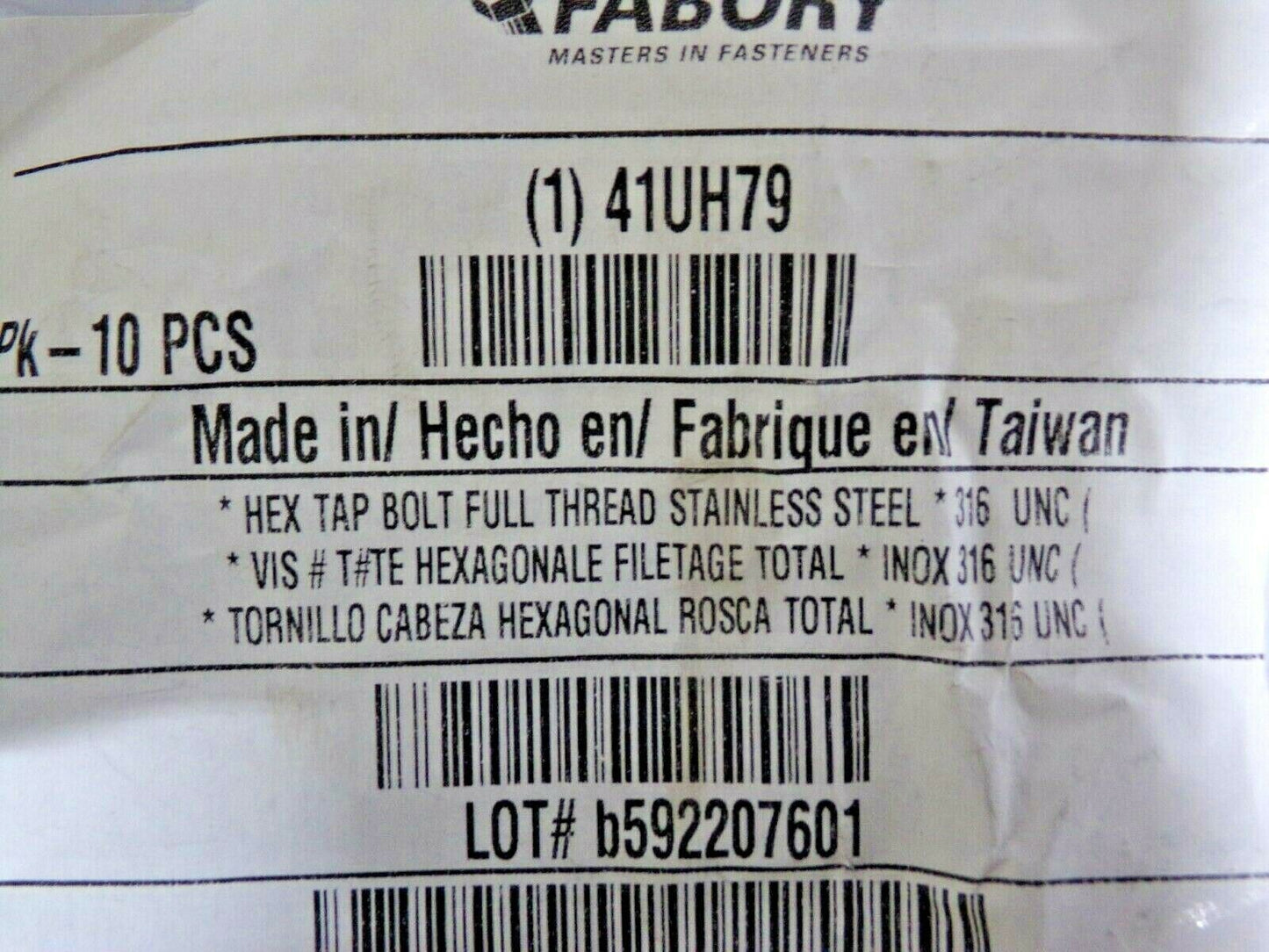 5/16"-18 x 4" , 316 Stainless Steel Hex Tap Bolt 10pk U55010.031.0400 (183675025159-WTA30)