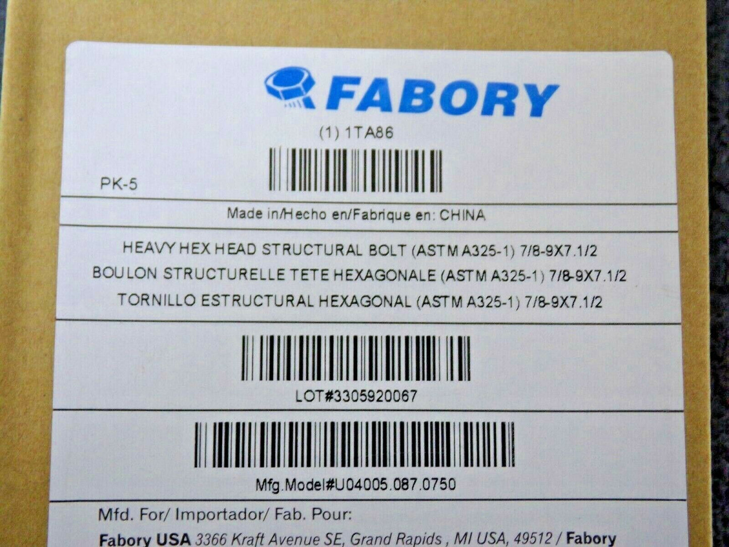 FABORY 7/8"-9 Structural Bolt, A325 Type 1, 7-1/2"L, Plain Finish, 5 PK (183687283340-WTA30)