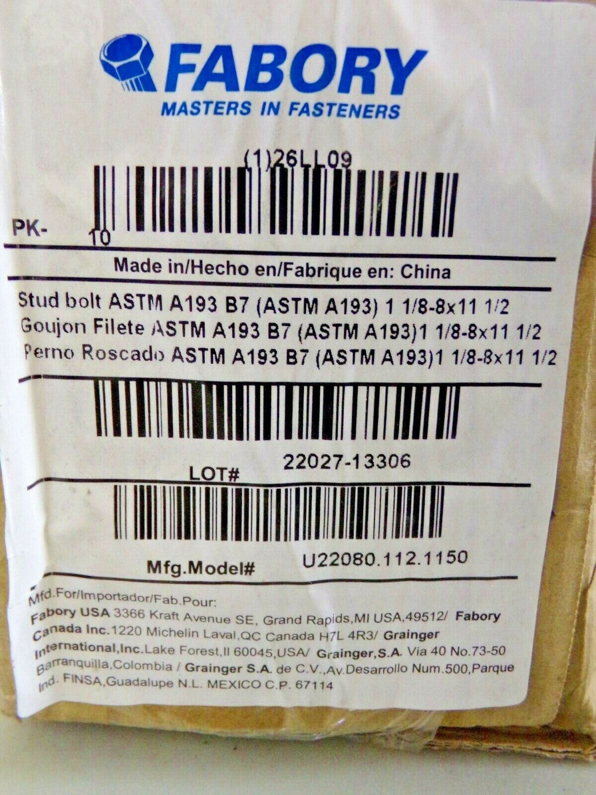 1-1/8"-8 x 11-1/2" Carbon Steel Fully Threaded Studs 10PK (183687417872-WTA31)