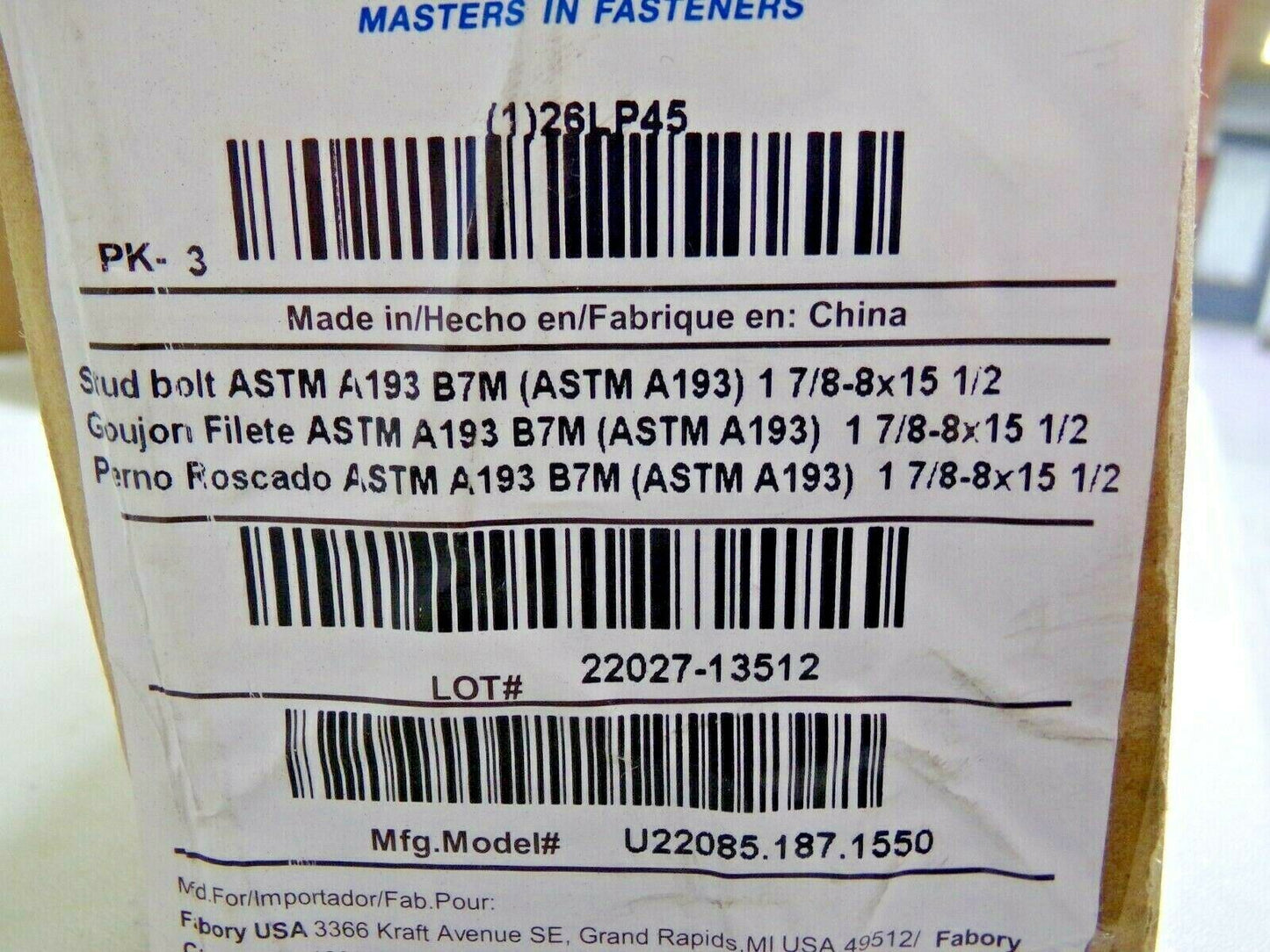 FABORY 1-7/8"-8 x 15-1/2", Fully Threaded Stud U22085.187.1550 (183725745913-WTA32)