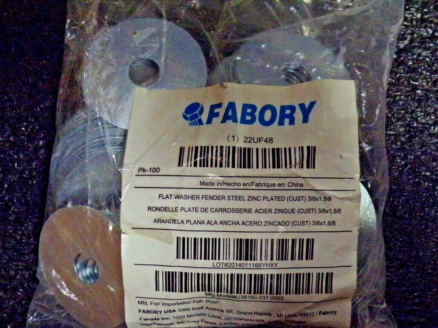 QTY: 100 FABORY 22UF48 Fender Washer, 3/8" Bolt, St, 1-5/8" OD, U38210.037.0162 (183753333212-NBT01)