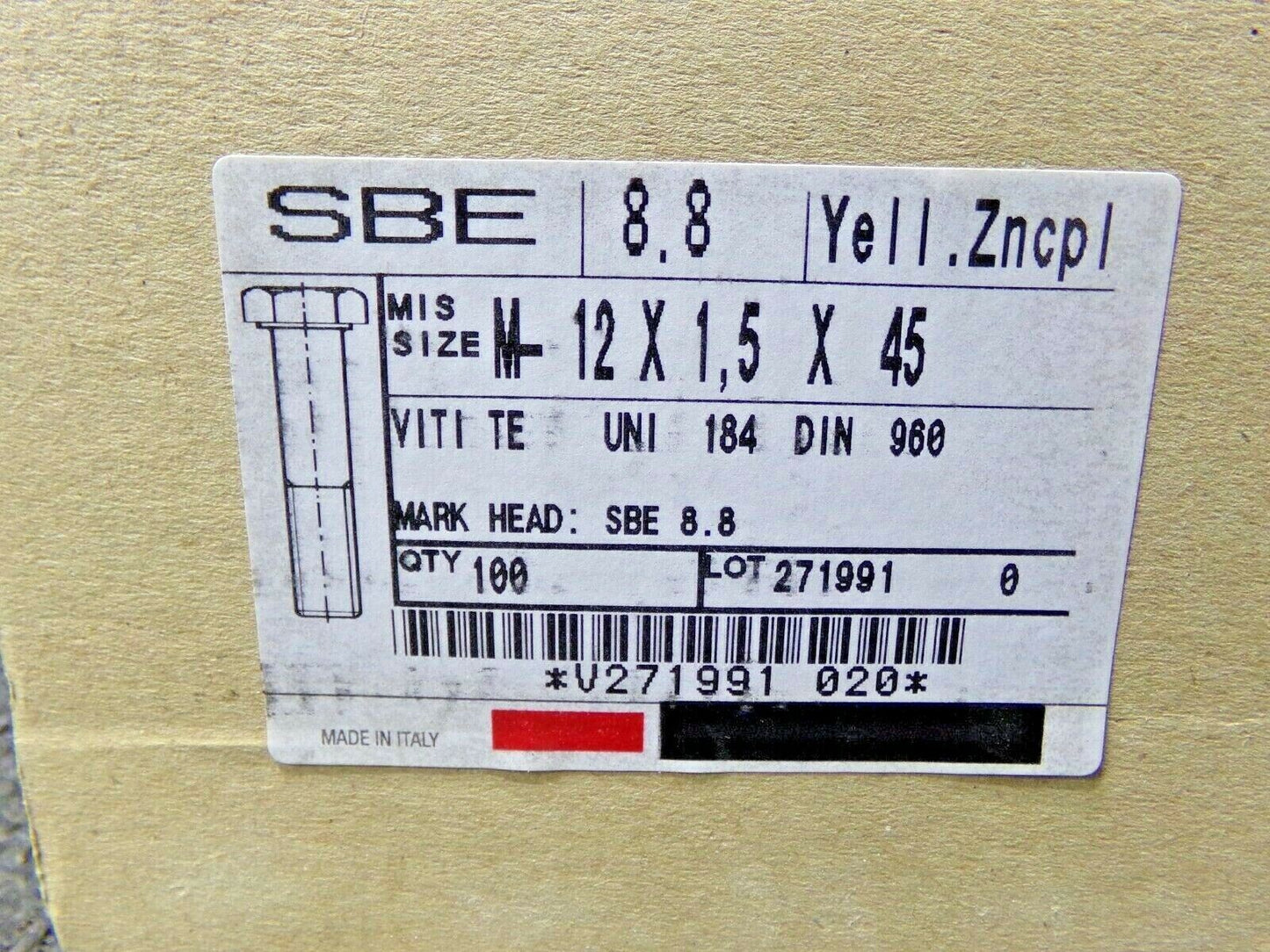 100 SBE 8.8 YELL. ZINC PL M12 X 1.5 X 45 VITI TE UNI 184 DIN 960 BOLTS (183779578375-NBT04)