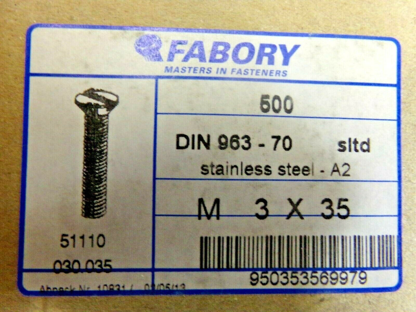 500 SLOTTED COUNTERSUNK HEAD SCREW DIN 963 A SS A2 LARGE PACK M3X35 (183785380424-NBT09)