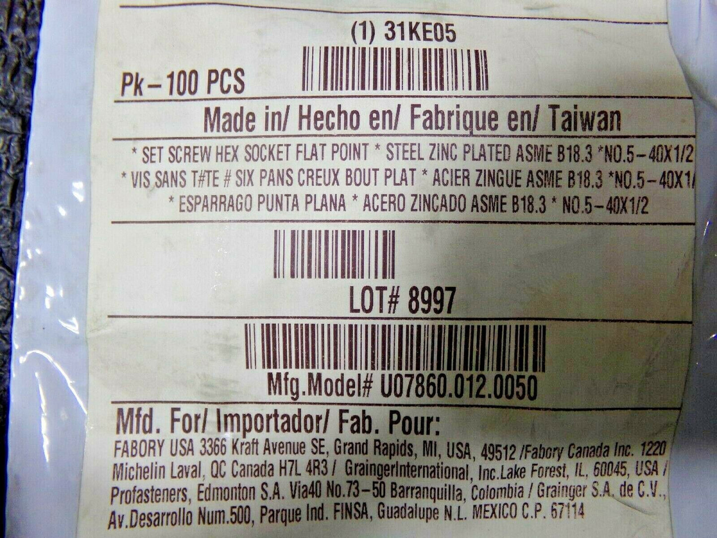 5-40 x 1/2" Alloy Steel Set Screw with Zinc Plated Finish; PK100 (183789104734-NBT04)