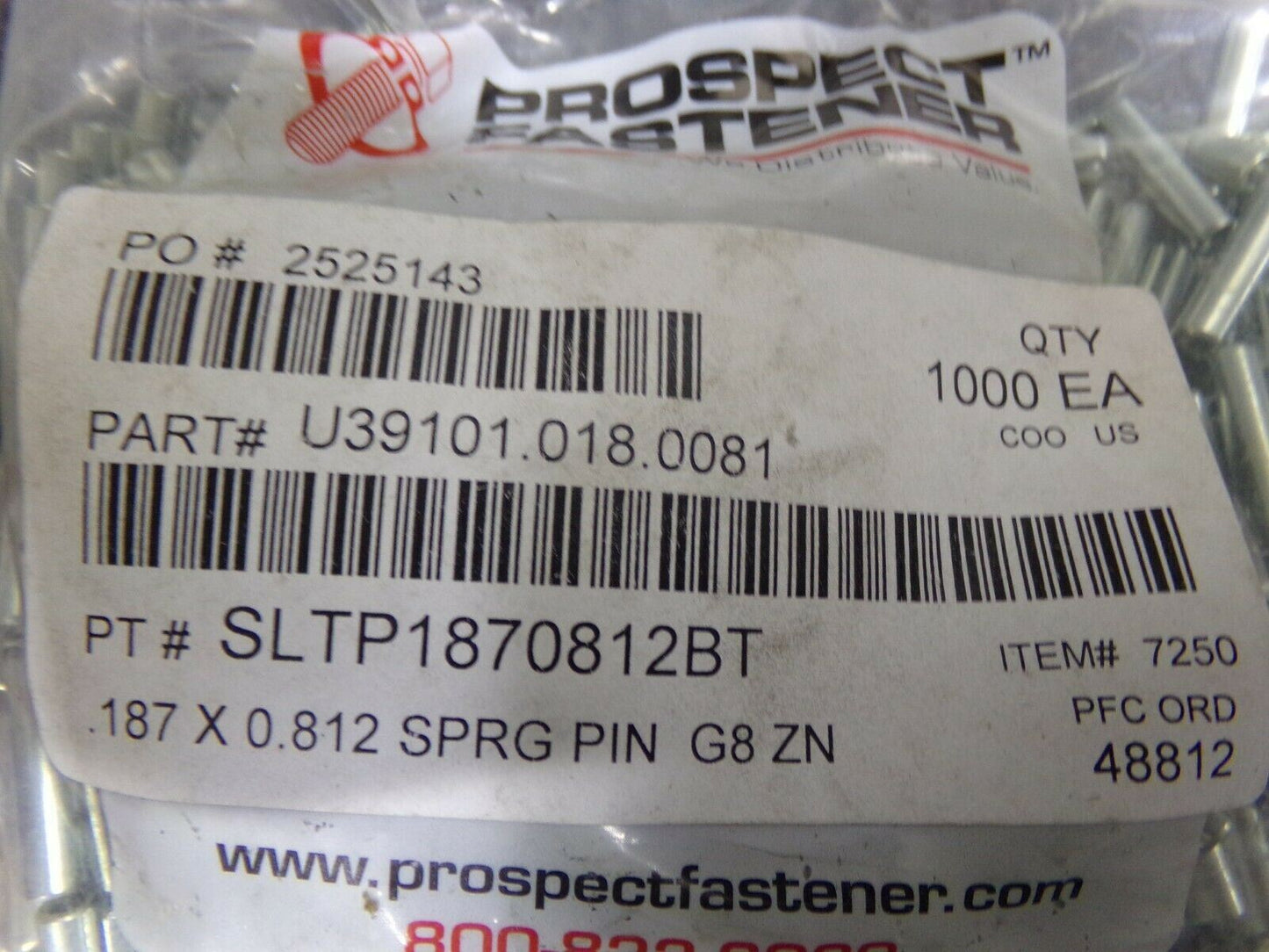 QTY: 1000 SLOTTED SPRING PIN 3/16" X 13/16" SPRING STEEL ASME B18.8.2 (183789286454-NBT02)