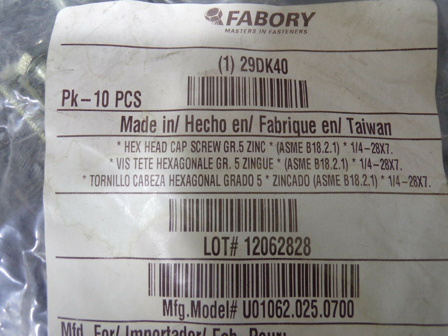FABORY 1/4"-28 x 7" GR 5 ZP, UNF (Fine) Hex Head Cap Screws, PK10 (183850807001-NBT33)
