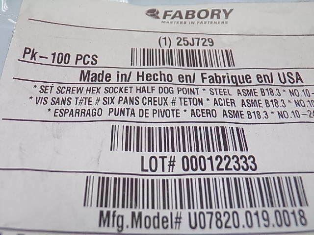 FABORY 10-24 x 3/16" Alloy Steel Socket Set Screw w/ Black Oxide Finish PK100 (183859890000-NBT31)