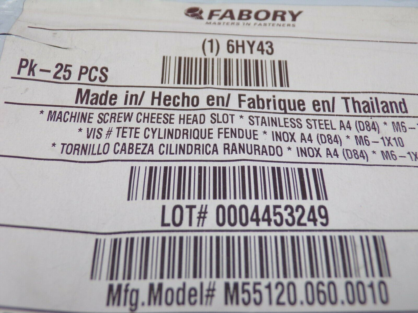 FABORY M6-1.00mm Machine Screw, A4 Stainless Steel, 10mm L, 6HY43, 25PK (183862235650-NBT30)
