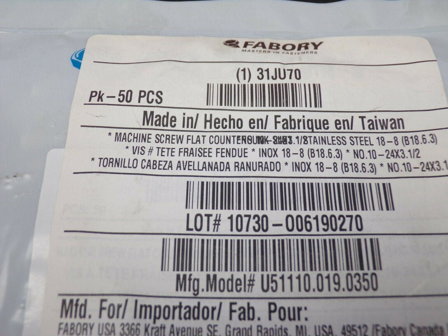 FABORY #10-24 x 3-1/2" Flat Head Slotted Machine Screw, 50 pk. (183863203532-NBT30)