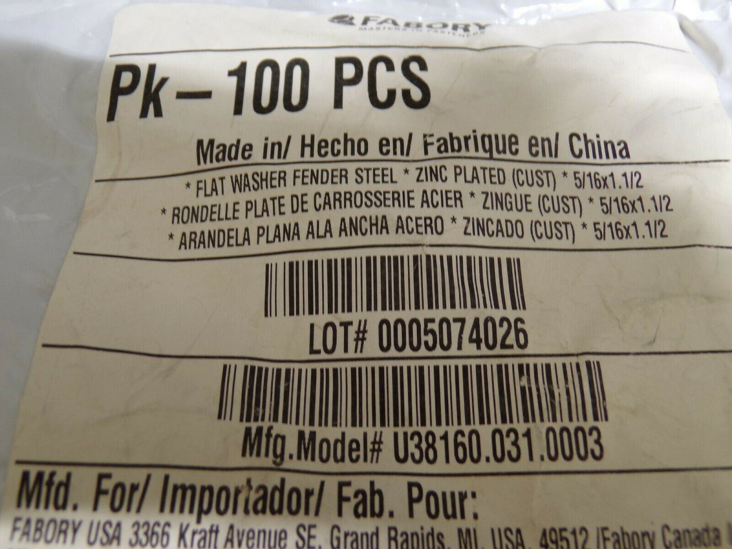 FABORY, 5/16" x 1-1/2" OD ZP Finish Low Carbon Steel, Fender Washers,100PK (183897613176-NBT19)