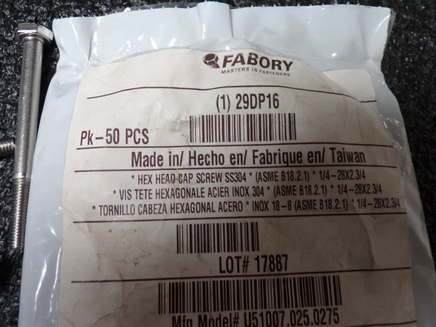 (50) FABORY 1/4"-28 x 2-3/4" SS Grade 18-8 (304) UNF Hex Head (183925106233-NBT27)