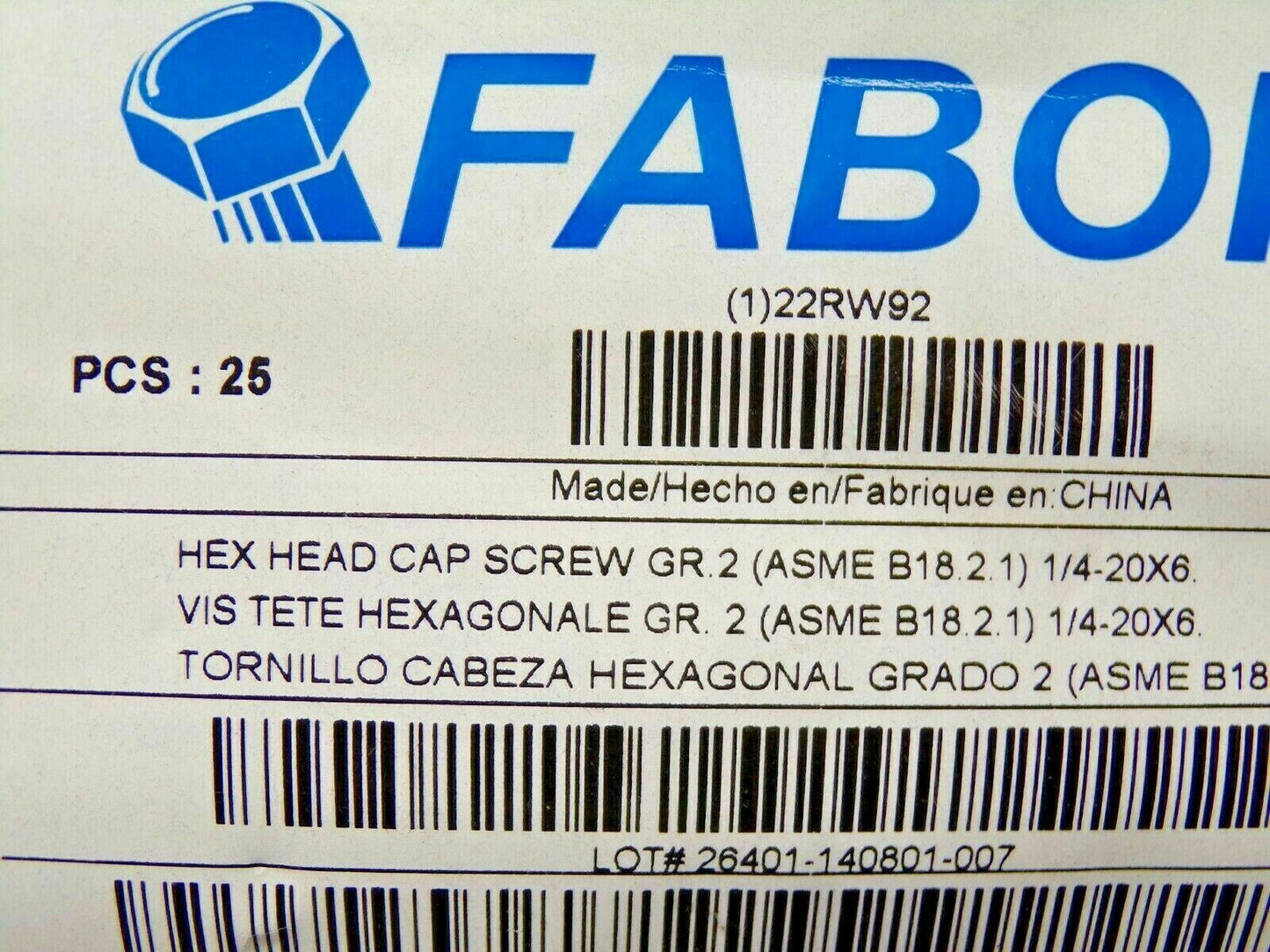 FABORY 1/4"-20, Steel Hex Head Cap Screw, Grade 2, 6"L, Plain Finish, 25 PK (183980250109-NBT43)