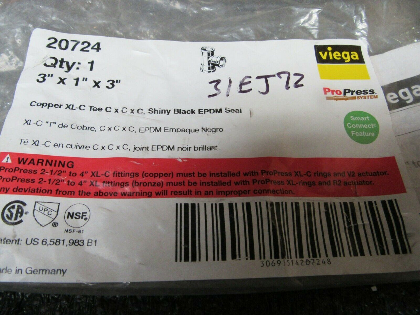 VIEGA 20724 Viega ProPress XL tee, 3" x 1" x 3" (184152431590-WTA06)