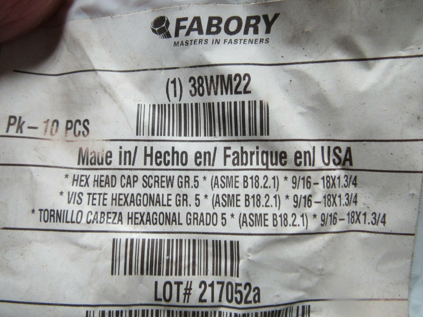 (10) 9/16"-18, Steel Hex Head Cap Screw, Grade 5, 1-3/4"L, 38WM22 , (184238382003-BT38)