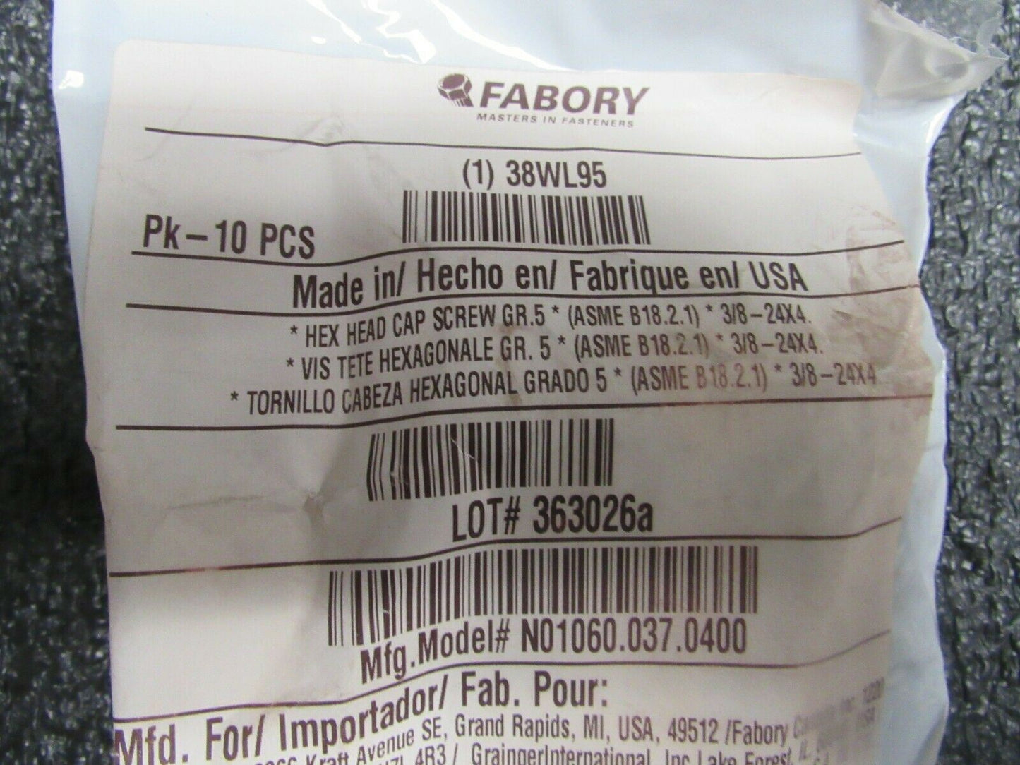 10pk, FABORY 3/8"-24, Steel Hex Head Cap Screw, Grade 5, 4"L, (184262275002-BT36)