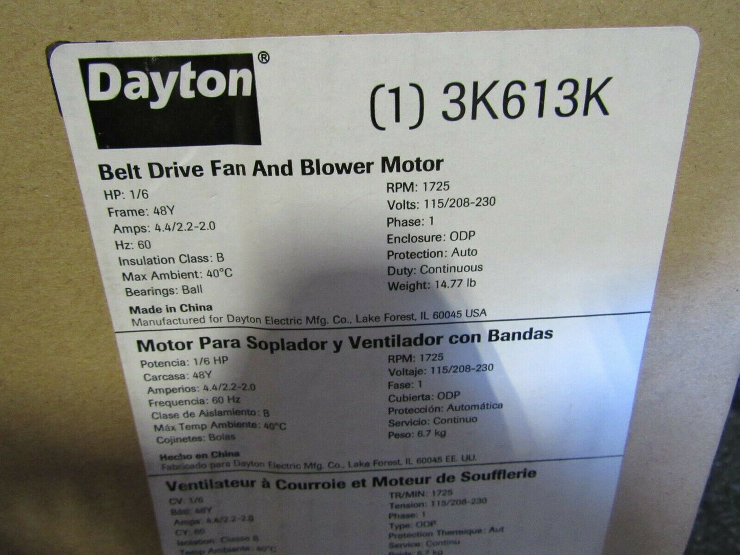 DAYTON 3K613 Motor, 1/6 HP, 1725 RPM, 115/208-230 V (184396519938-BT08)