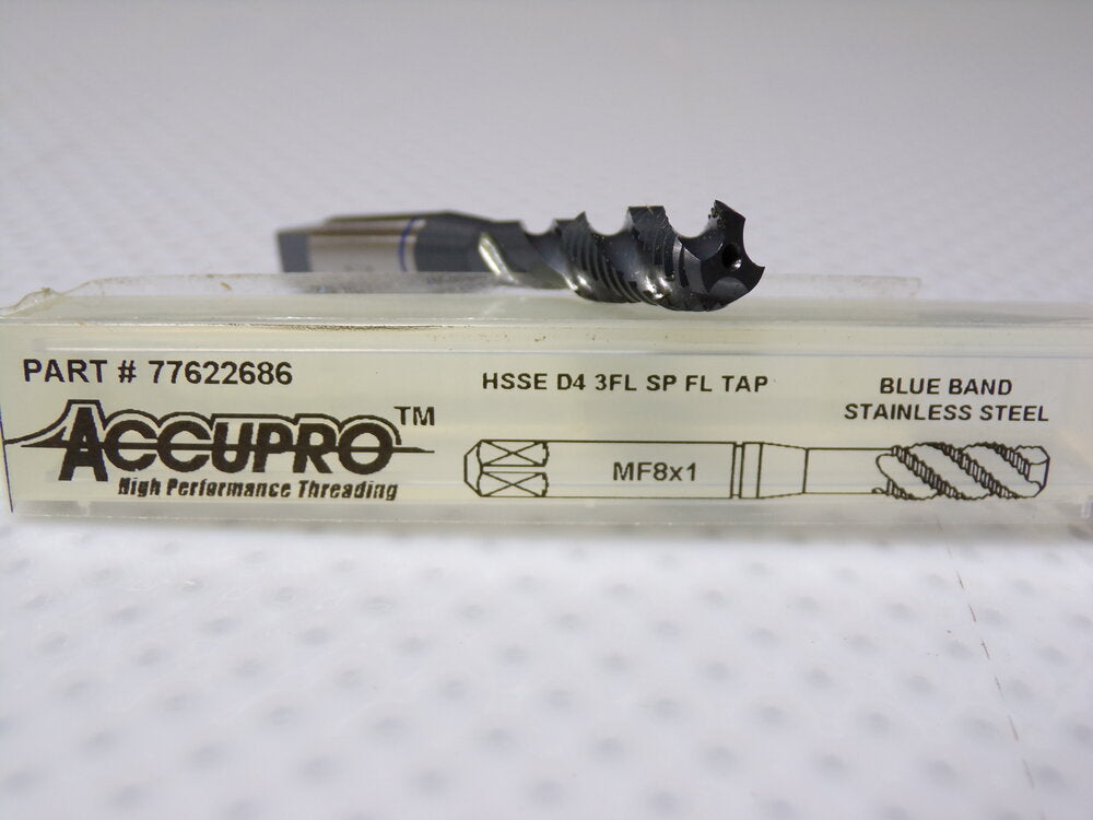 Accupro M8x1.00 Metric Fine, 3 Flute, D4, Oxide Finish Vanadium High Speed Steel Fast Spiral Flute Tap (SQ4156796-WT08)