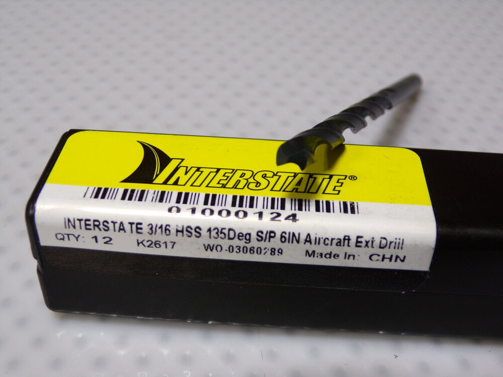 12pk, Interstate 3/16" Diam, 6" OAL Oxide High Speed Steel Aircraft Extension Drill Bit 135° Point Angle (SQ5147618-WT14)