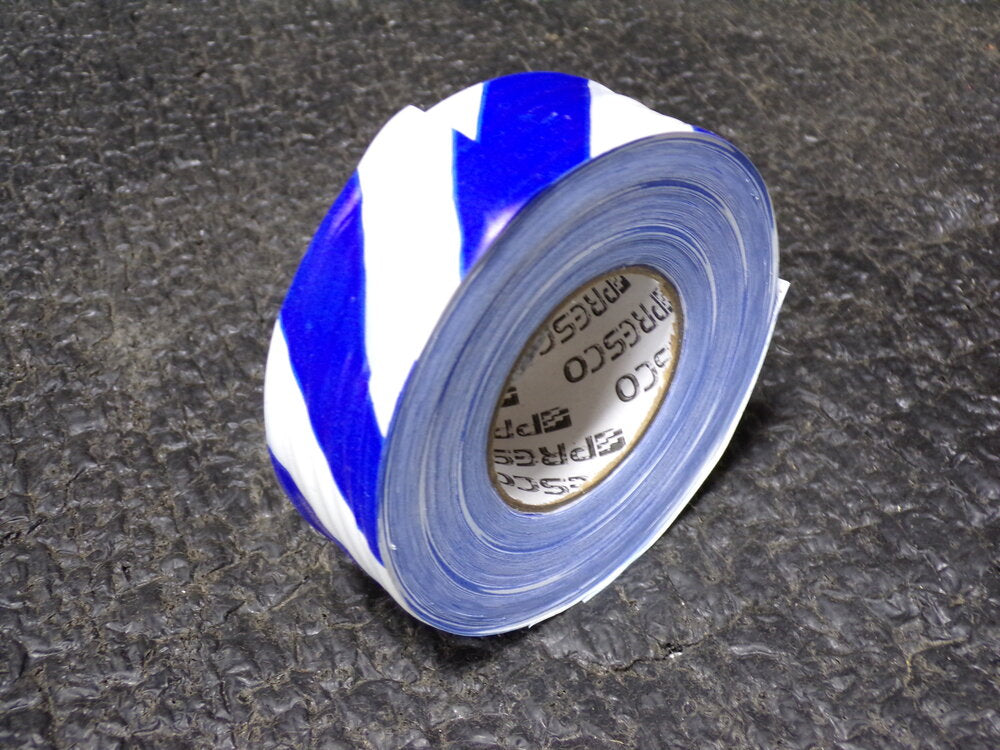 12pk, PRESCO PRODUCTS CO Flagging Tape, Blue/White, 1-3/8" x 300 ft., Diagonal Stripes (SQ7612668-WT07)