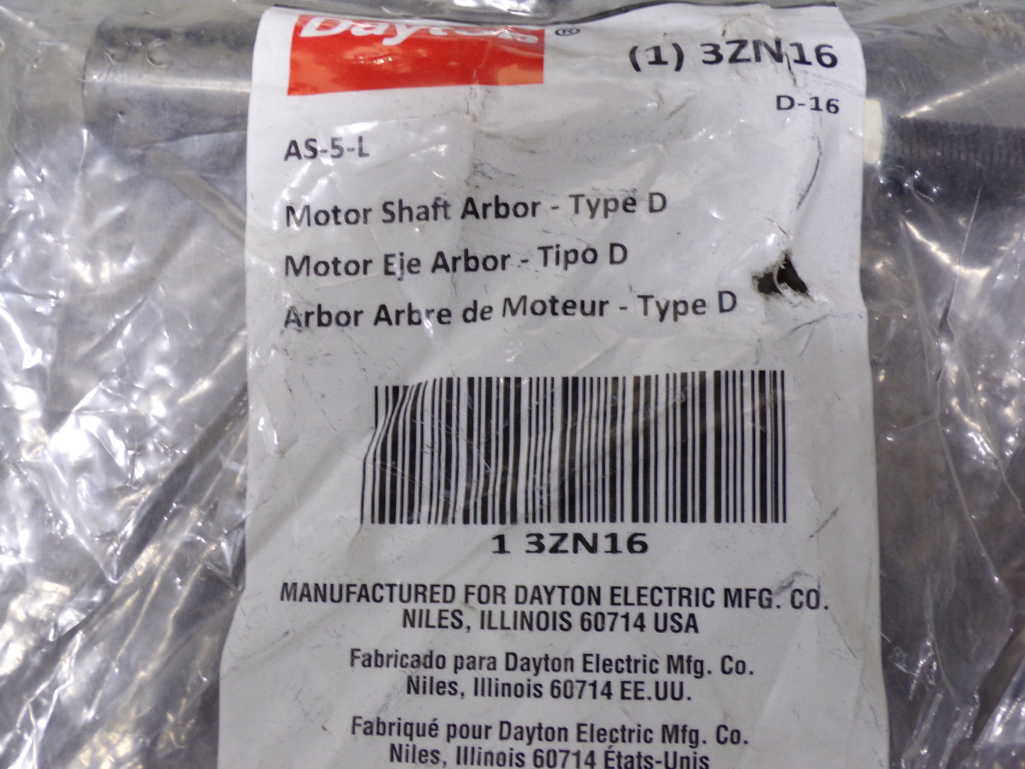 DAYTON Motor Shaft Arbor, 1/2-20rh, Type D (CR00195-BT26)