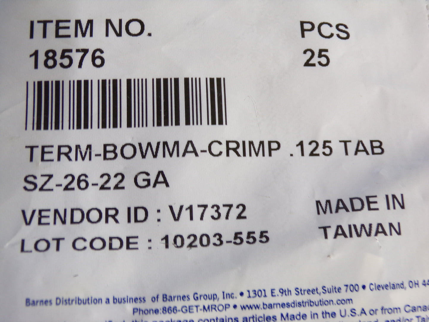 TERM-BOWMA-CRIMP .125 TAB SZ-26-22 GA, 25 pk (CR00526-WTA14)
