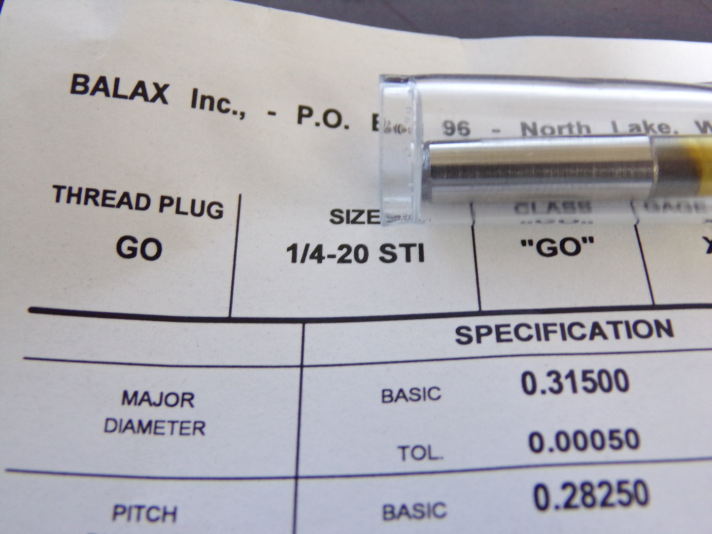 Balax 1/4-20 Go Gage, Taperlock, Bright Finish with Cert (CR00722-WTA19)