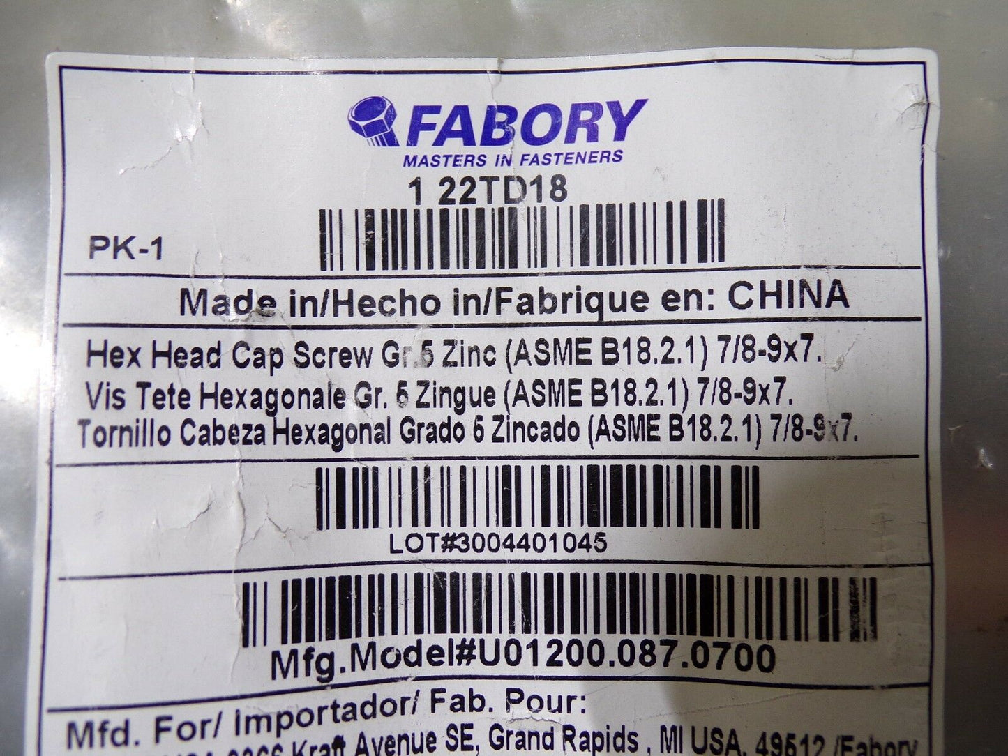 7/8"-9 x 7" Hex Head Cap Screw Grade 5 22TD18 QTY-1 (183353784992-WTA10)