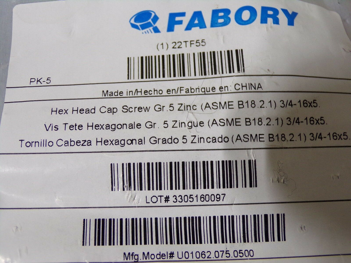 3/4"-16 x 5" Hex Head Cap Screw Grade 5 22TF55 QTY-5 (183353796914-WTA10)