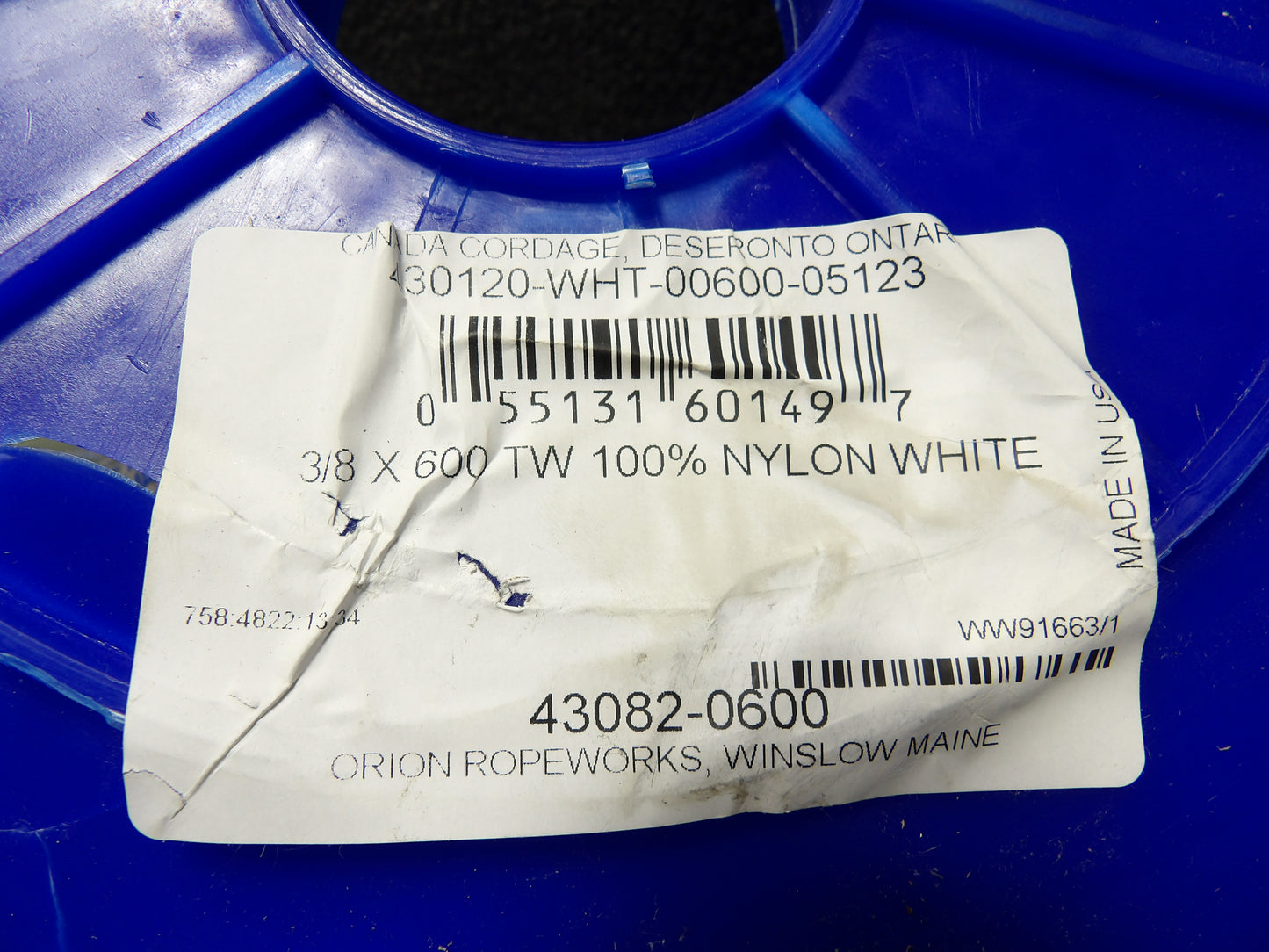Nylon Rope: 3/8 in X 600 ft., White, 379 lb Working Load Limit, Twisted, All Purpose (CR00792-WTA25)