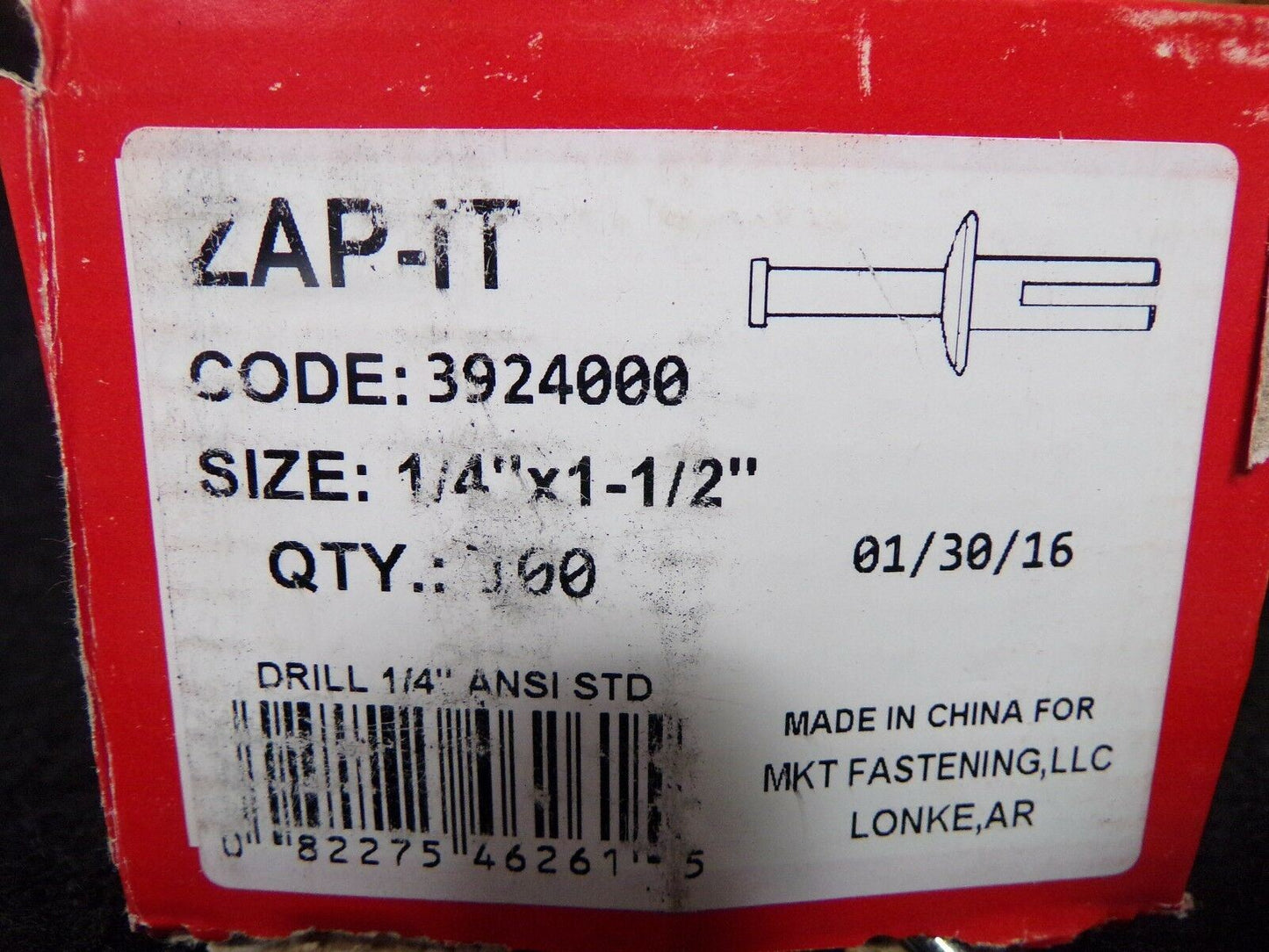 MKT ZAP-IT  1/4" X 1-1/2" Drive Anchor 3924000 QTY 100 (183260350345-2F24 (C))