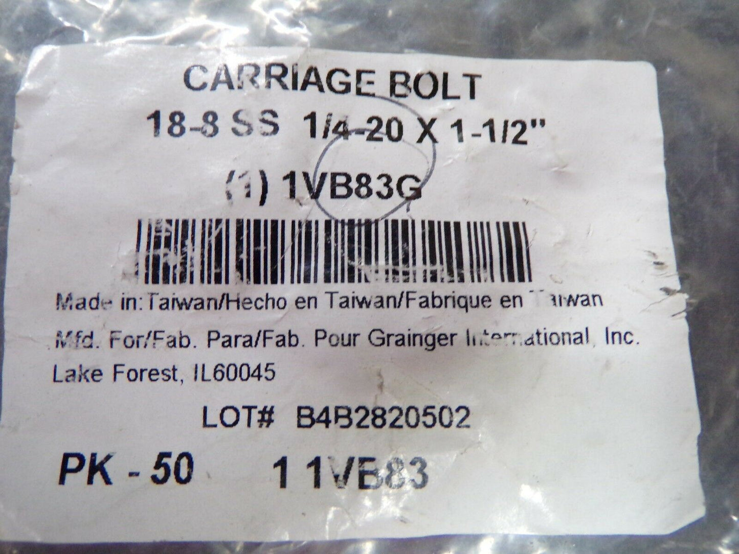 Carriage Bolt 18-8 Stainless Steel 1/4"-20 x 1-1/2" PK-50 1VB83 (183262173647-2F22 (A))