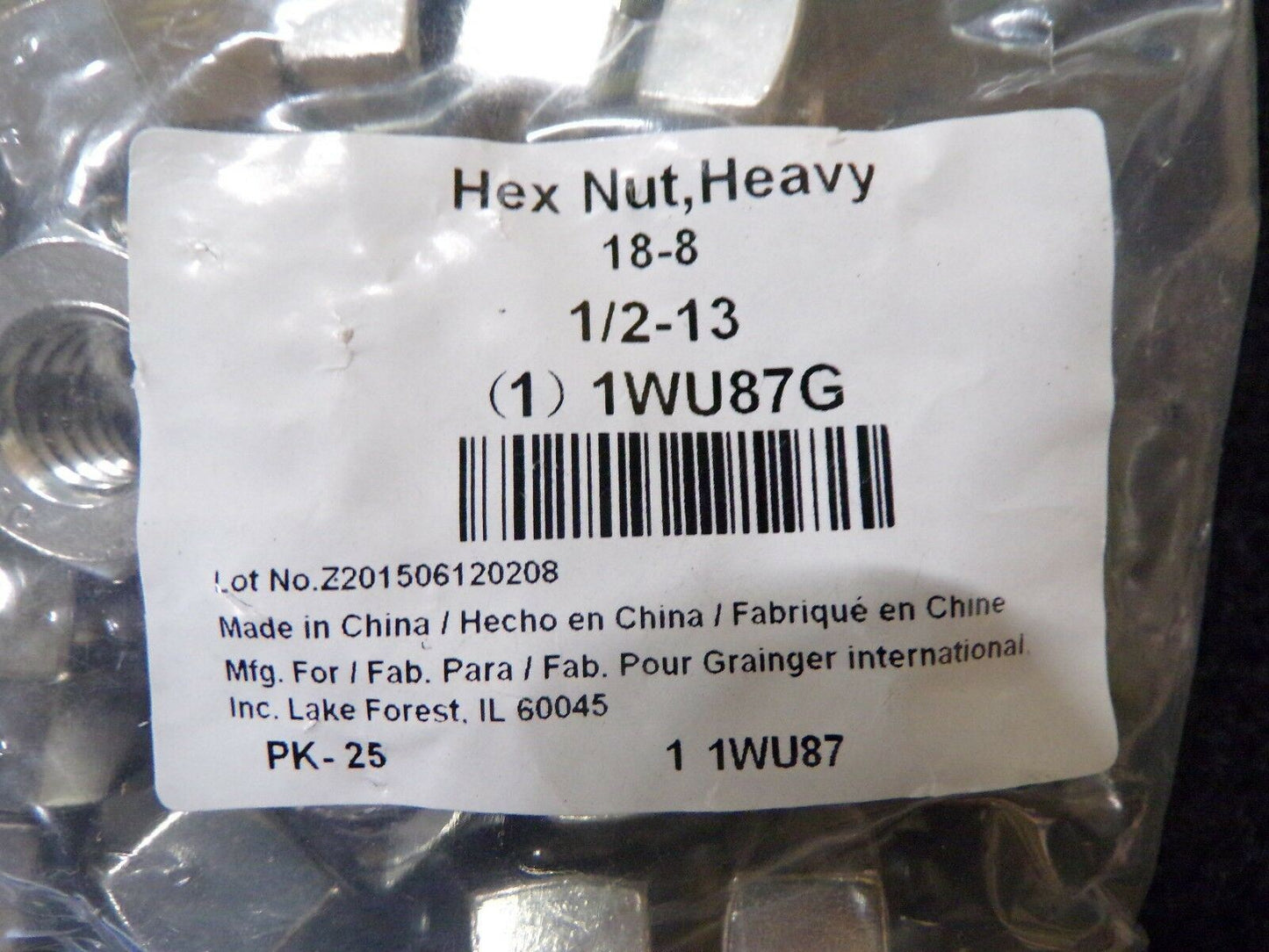 Heavy Hex Nut Stainless Steel 18-8 1/2"-13 1WU87 (15 Packs of 25) QTY-375 (183269400018-2F22)