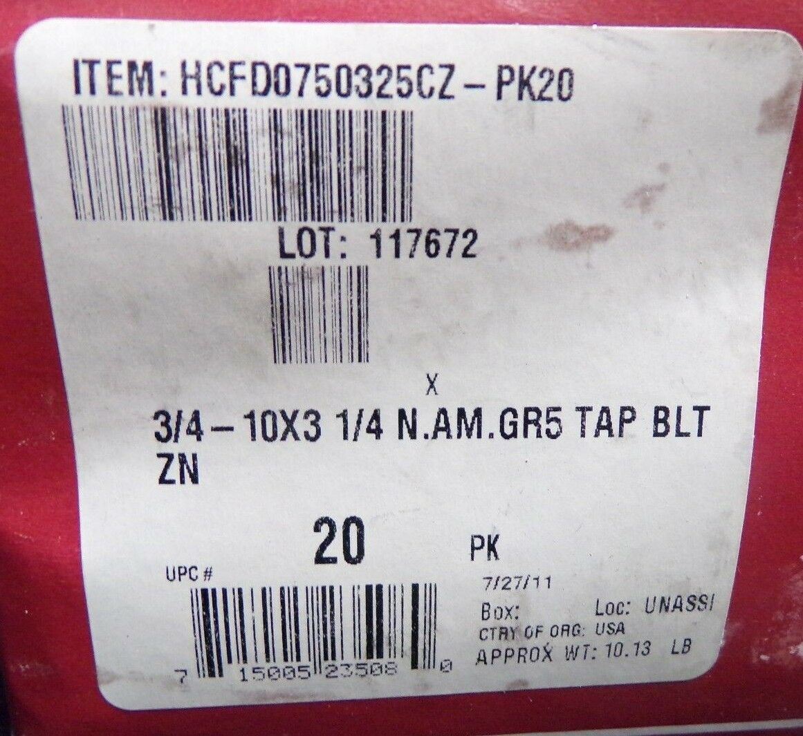 Hodell-Natco 3/4"-10 X 3-1/4" Grade 5 Tap Bolts Full Thread Zinc QTY-20 (183272354295-2F22)