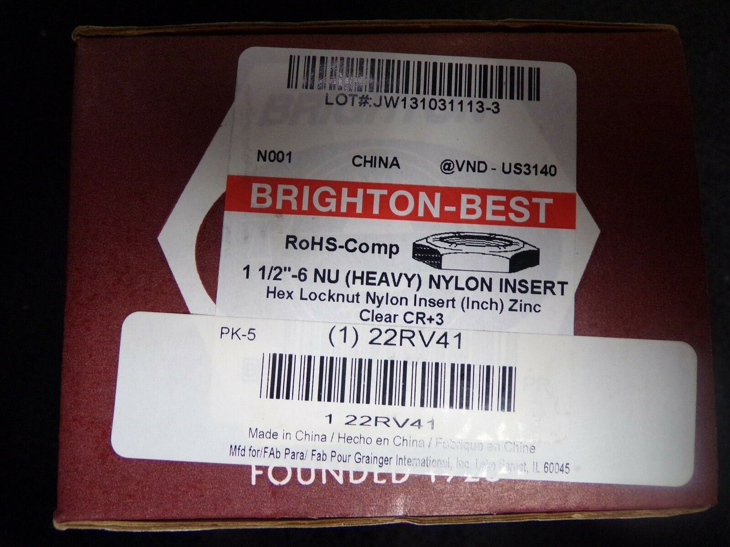 Brighton Best 1-1/2"-6 NU HEAVY Hex Locknut Nylon Insert PK-5 22RV41 (183272368326-2F24 (A))