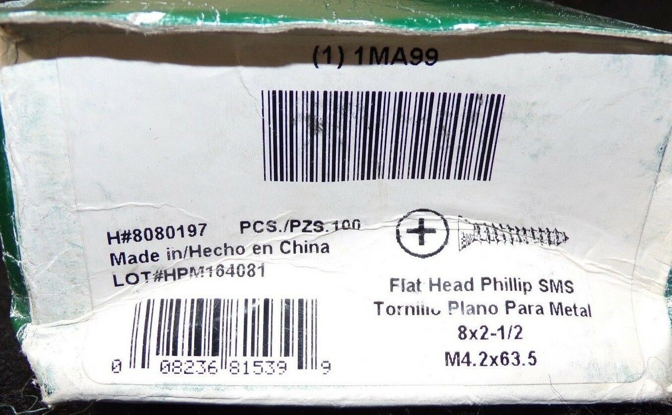 #8 X 2-1/2" Flat Head Phillips Sheet Metal Screws 1MA99 QTY-100 (183320679874-2F23 (F))