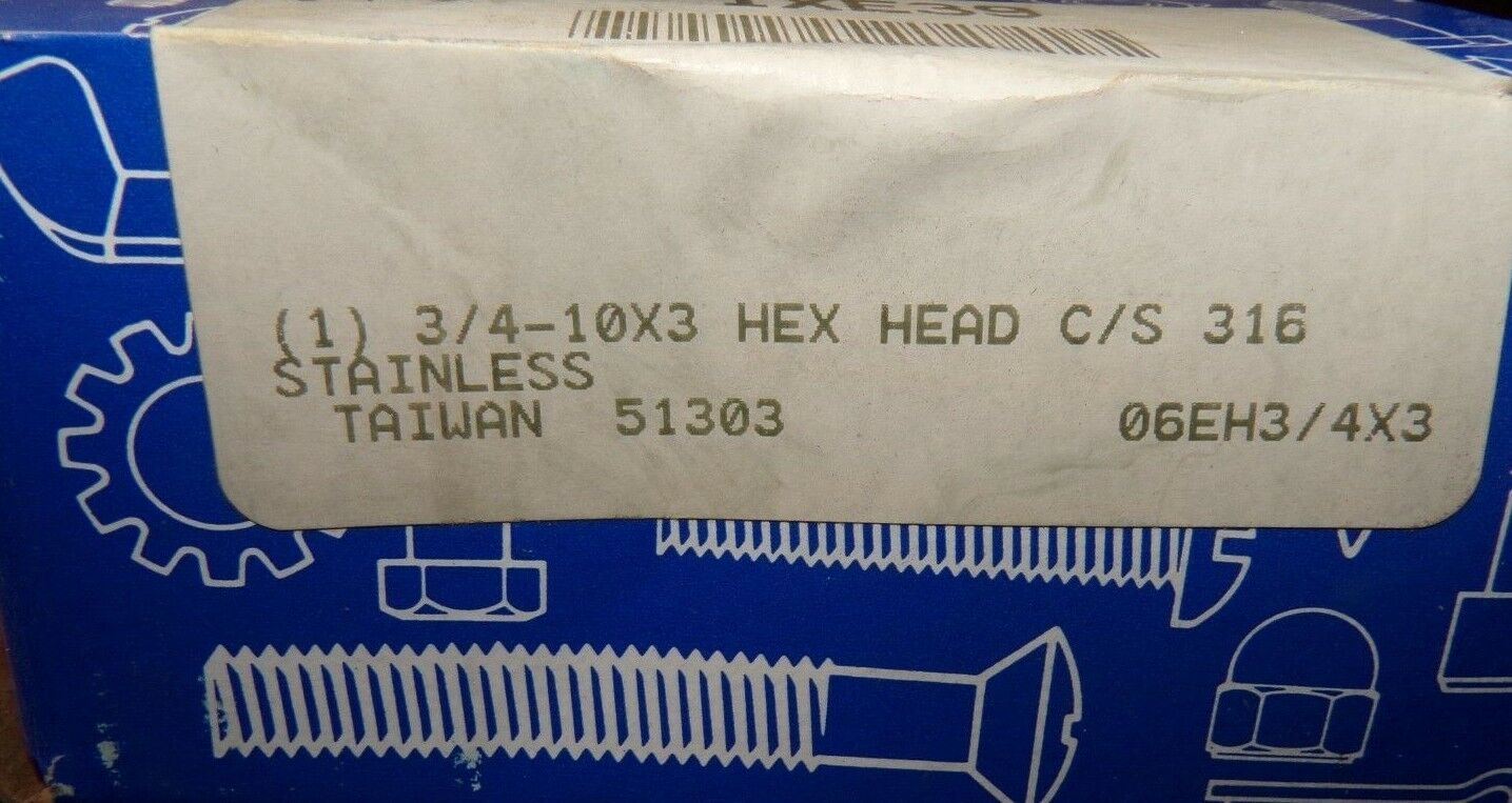 3/4"-10 x 3" Hex Head Cap Screws Stainless Steel 316 1XE39 QTY-1 (183345603512-2F19 (F))