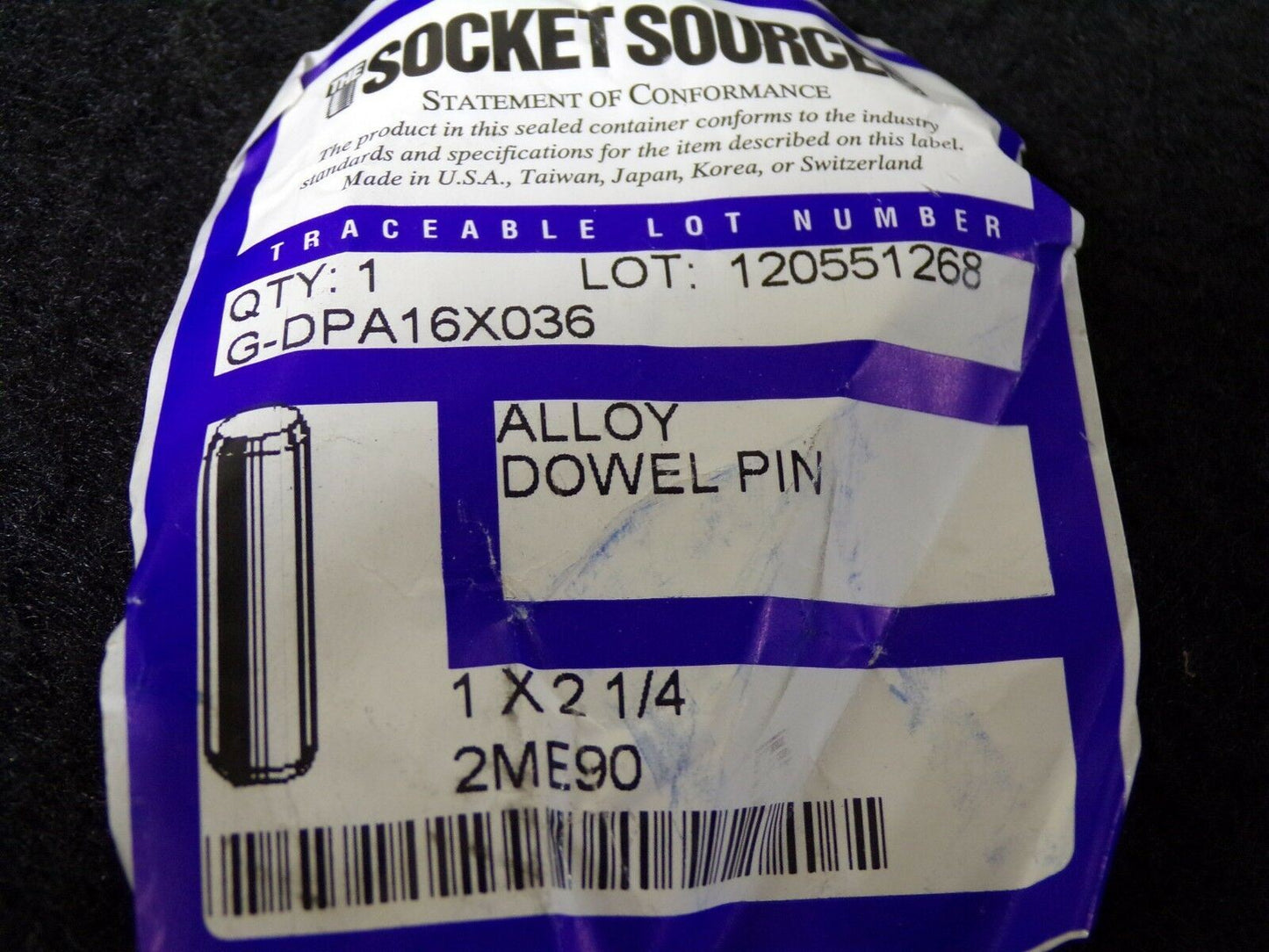 1" x 2-1/4" Dowel Pin QTY-1 2ME90 (183403981729-Y13 (C))