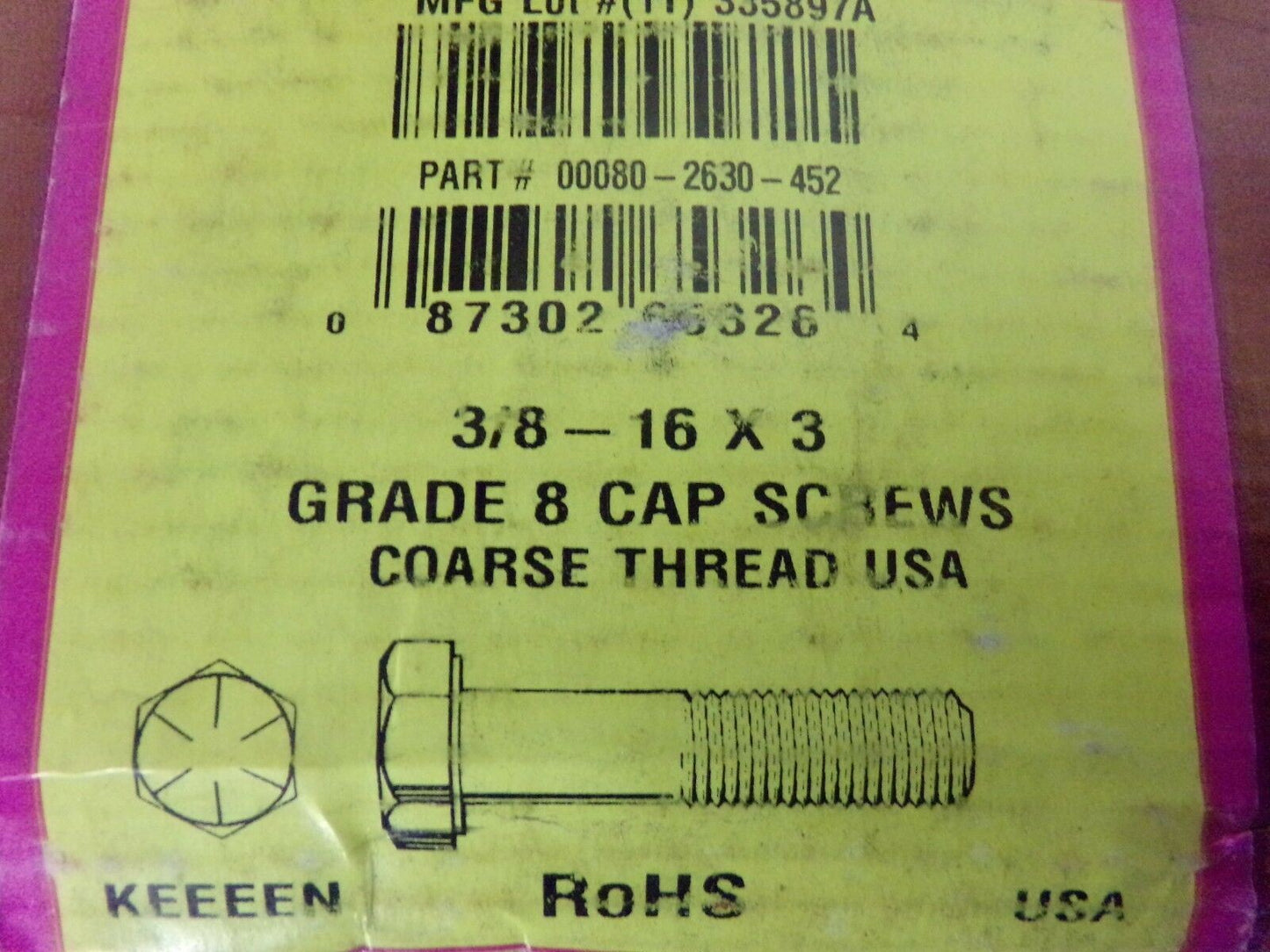 3/8"-16 x 3" Grade 8 Zinc Yellow Hex Head Cap Screw, 50 pk. (183582599854-WTA35)