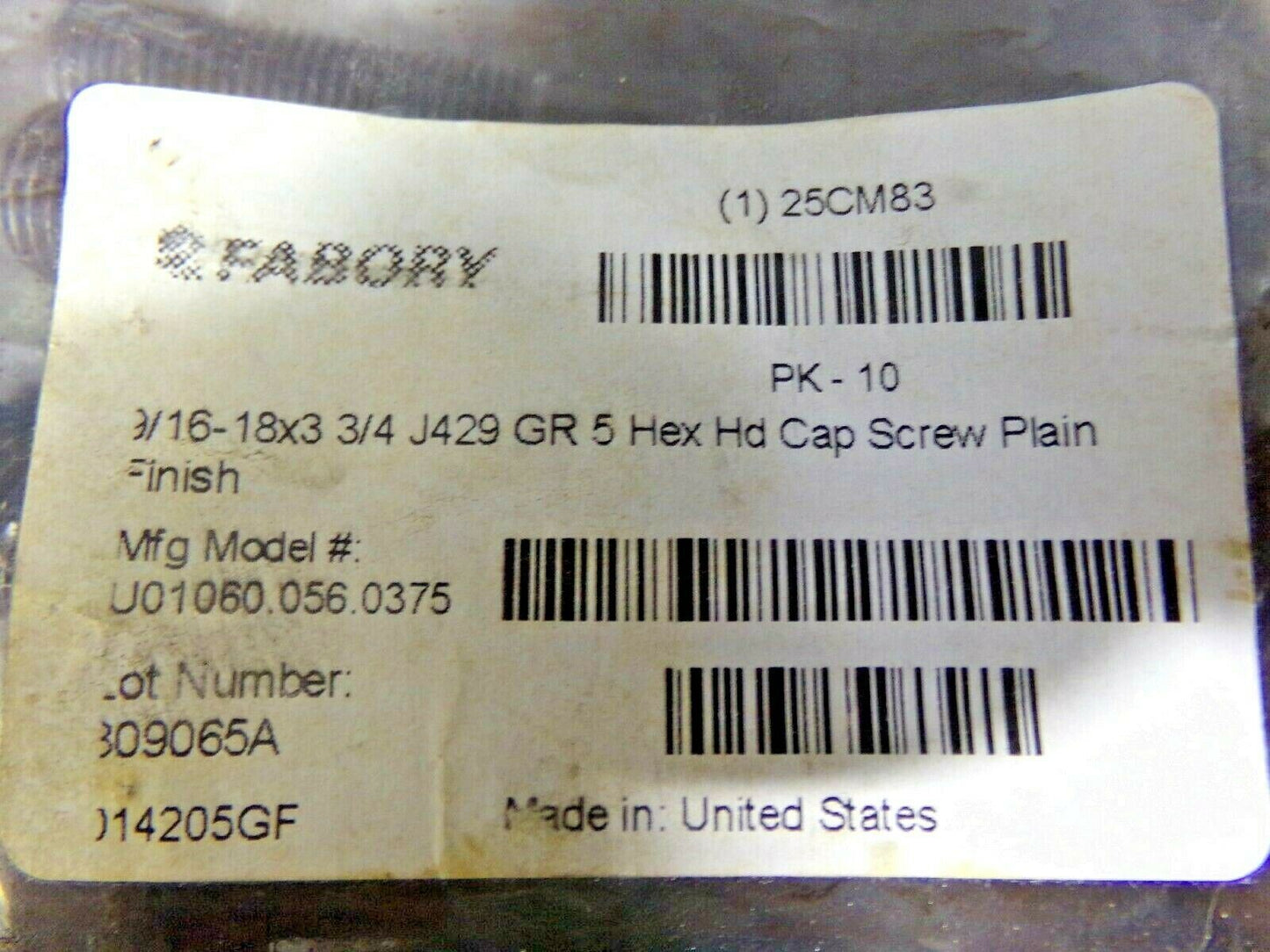 FABORY 9/16"-18, Steel Hex Head Cap Screw, Grade 5, 3-3/4"L, Plain Finish, 10PK (183778575816-NBT04)