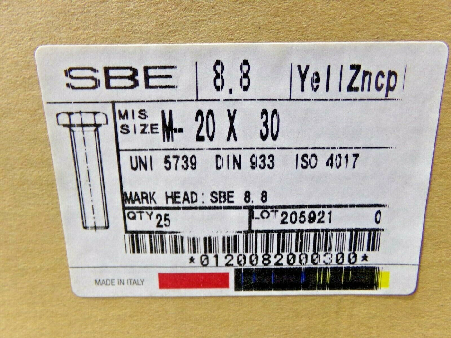 25 SBE 8.8 M20 X 30 UNI 5739 DIN 933 ISO 4017 YELLOW ZINC COATED STEEL BOLTS (183779490470-NBT04)