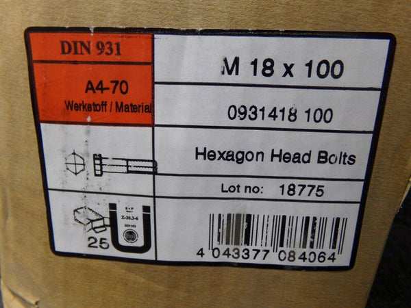 25pk, Hex Head Cap Screw DIN 931 A4-70 HST Partial Thread DIN 931 A4 M18 X 100 (183779507331-NBT04)