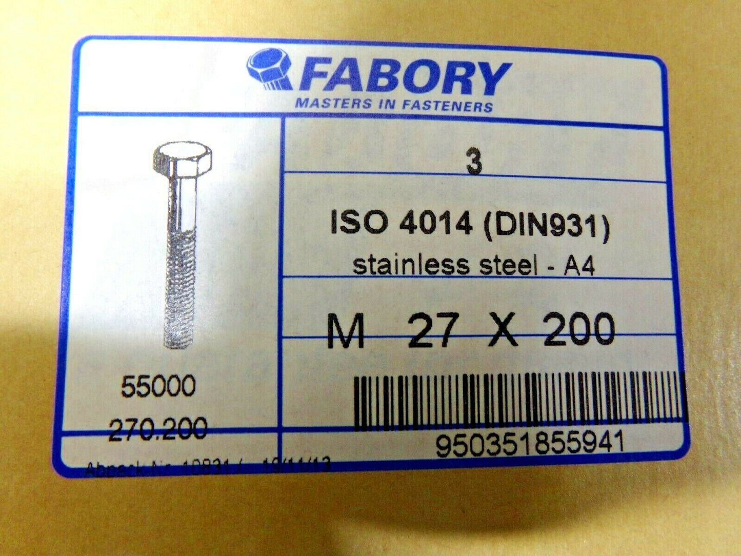 3 HEXAGON HEAD BOLT ISO 4014 STAINLESS STEEL A4 RIGHT MIN.50 M27 X 200 (183780665316-NBT06)