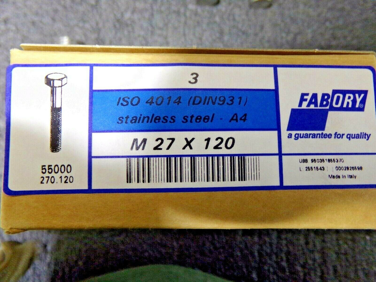 3 HEXAGON HEAD BOLT ISO 4014 STAINLESS STEEL A4 RIGHT MIN.50 M27 X 120 (183780699528-NBT06)
