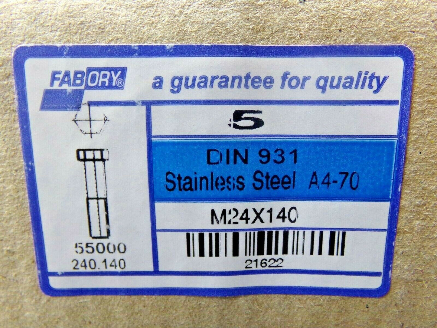 5 HEXAGON HEAD BOLT ISO 4014 STAINLESS STEEL A4 RIGHT 70 M24 X 140 (183780829733-NBT07)