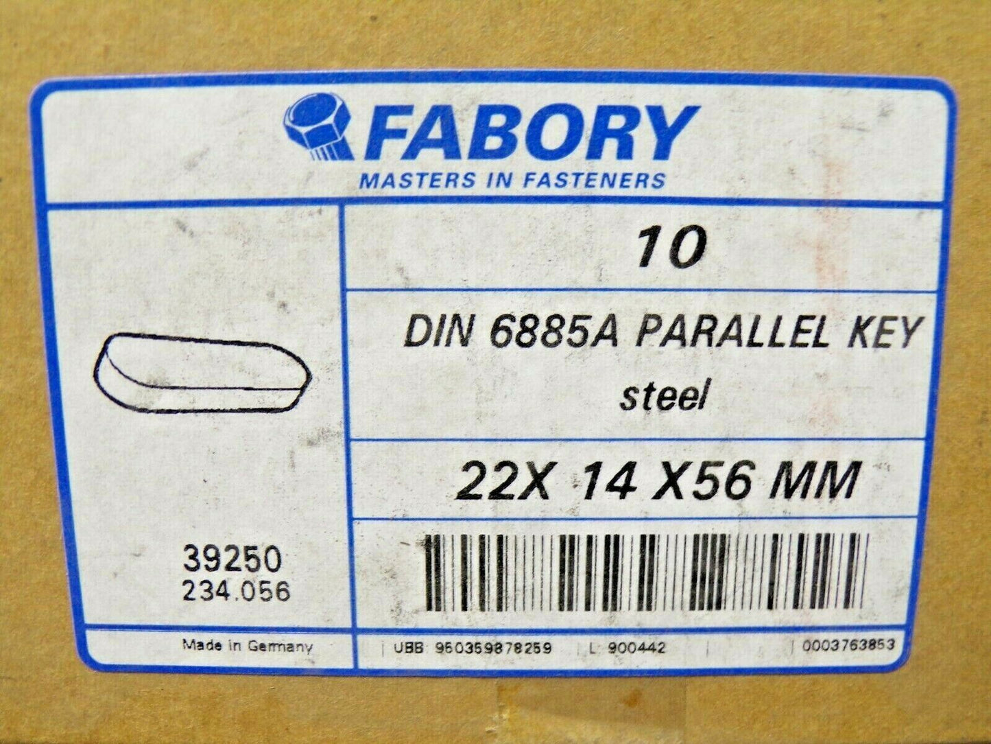 Parallel Key,C45K Steel,22x14x56mm,PK10 FABORY M39250.234.0056 (183780930453-NBT17)
