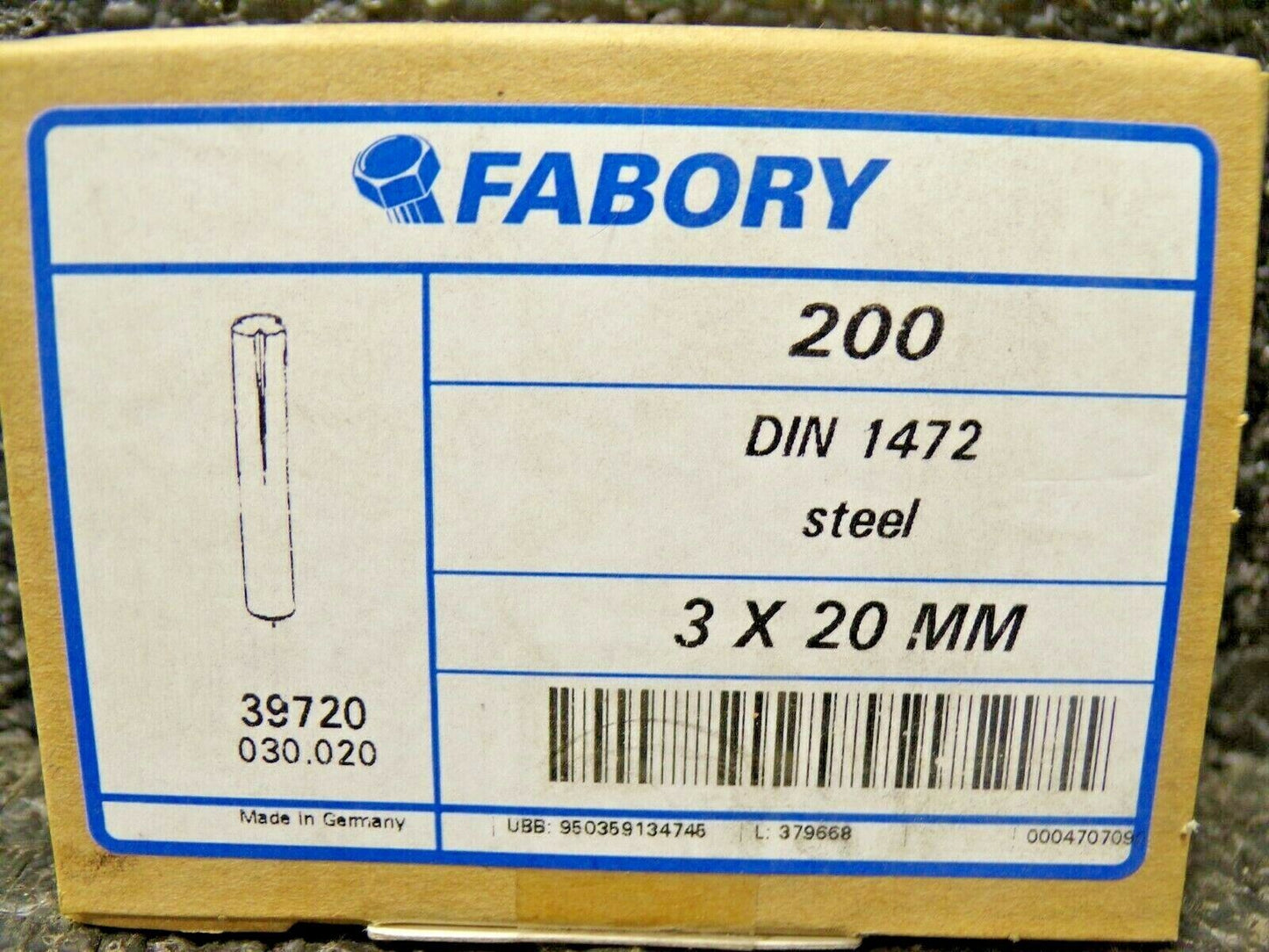 Grooved Taper Pin,3 x 20mm,PK200 FABORY M39000.030.0020 (183784188874-NBT17)