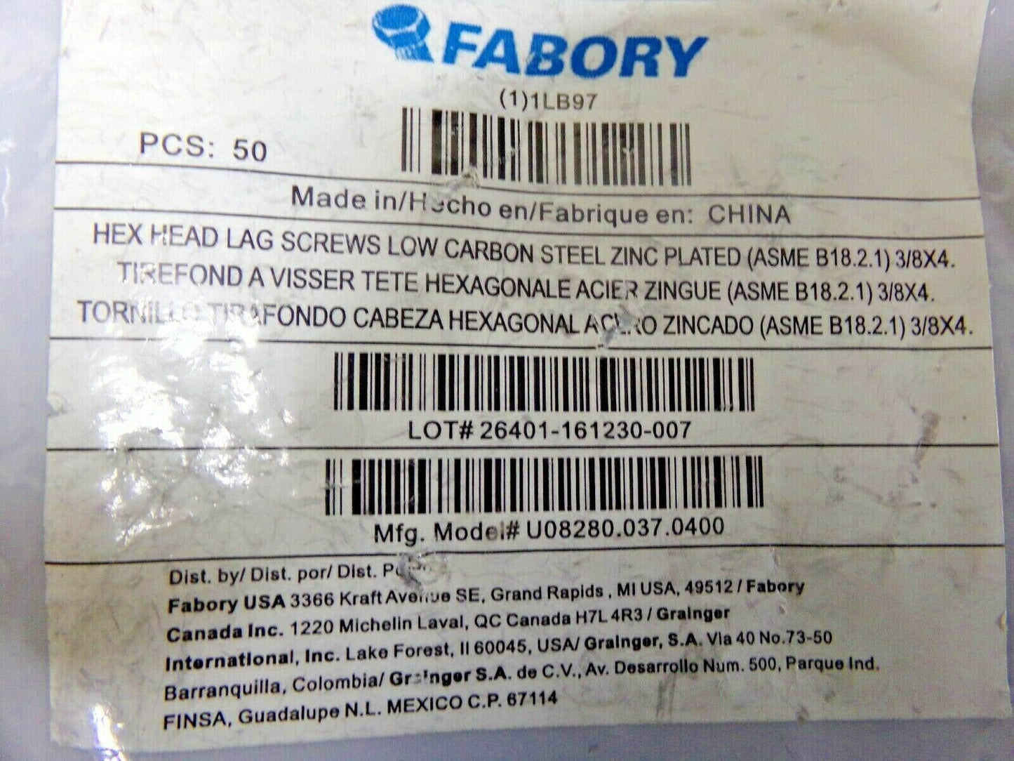FABORY Hex Lag Screw, 3/8" x 4" L, PK50 (183784216391-NBT09)